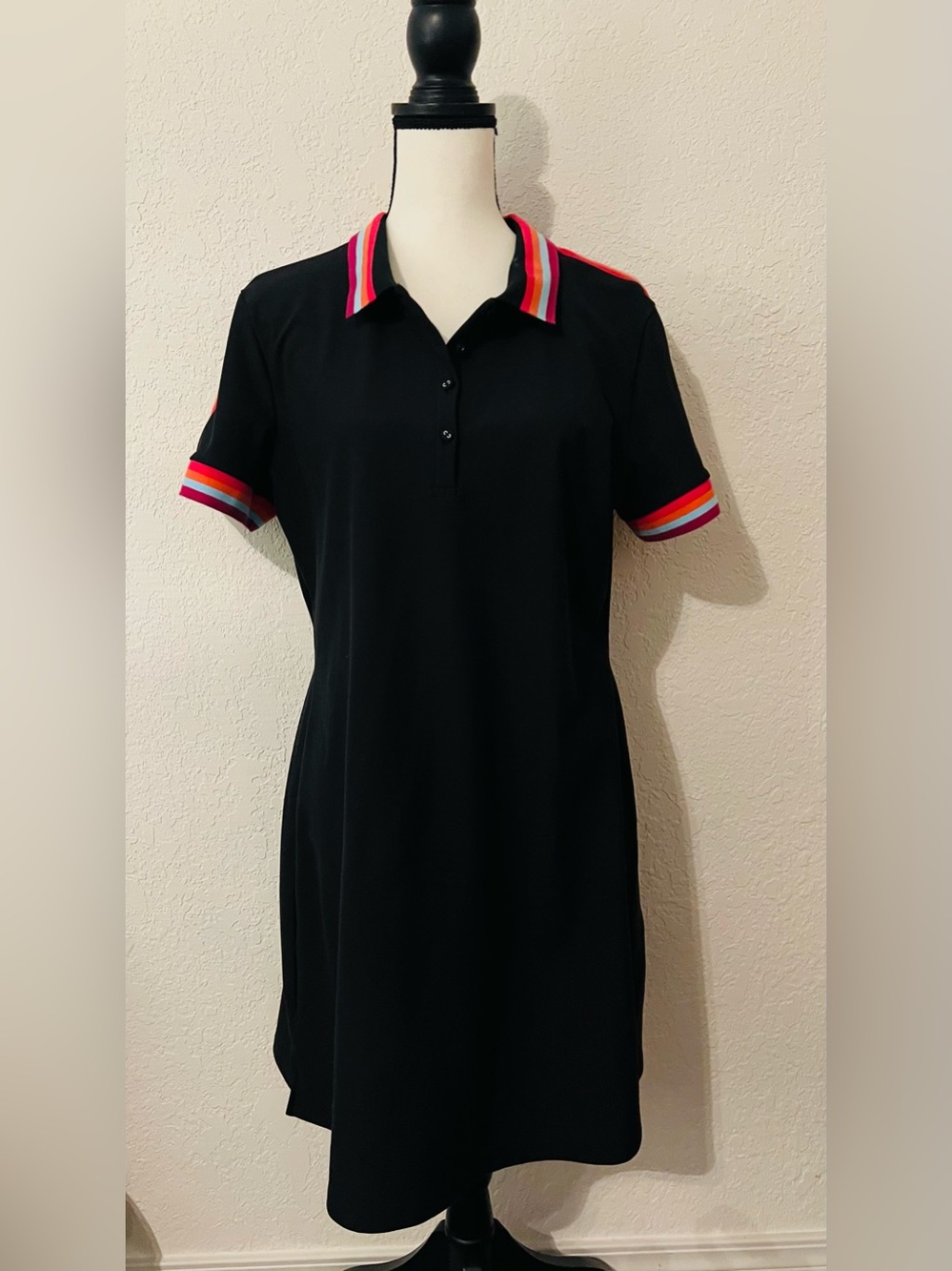 Johnny Was Active Black Polo Dress with Multicolor Stripe Trim, button closure